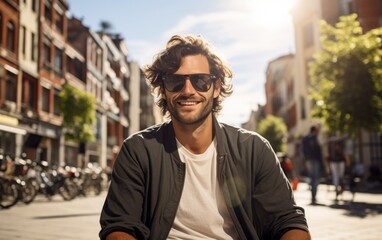 A man wearing sunglasses and a jacket is sitting on a bench on a city street. He is smiling and he is enjoying the sunny day