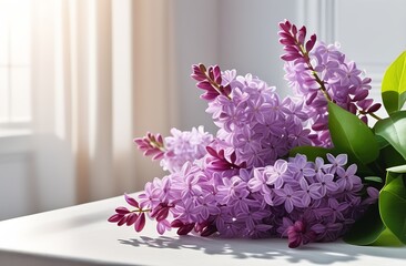A bouquet of lilacs is elegantly placed on a white table to create a floral arrangement. Sunny day, spring, purple flowers