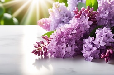 A branch of lilac lies on the table, beautiful sun rays in the background. Beautiful purple flowers