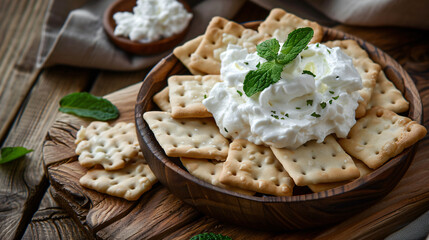 Crackers with cream cheese mint leaf in the wooden