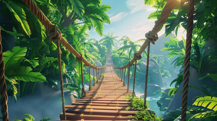 Crossing a handmade bridge in a lush jungle, adventurers facing challenges and embracing the unknown in a tropical setting3D vector illustrations
