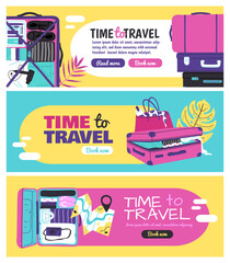 Vacation luggage and travel items vector illustration set.