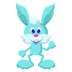 Funny cyan rabbit with blue eyes and pink nose. Cartoon vector illustration on white background.