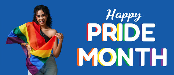 Happy African-American woman with rainbow flag on blue background. LGBT concept