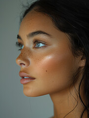 A close-up of a young woman's profile portrait in a studio