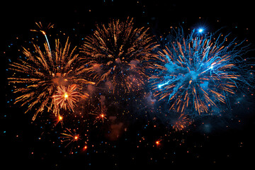 Three powerful colorful fireworks in a cramped space. Horizontal holiday background. Generated by artificial intelligence