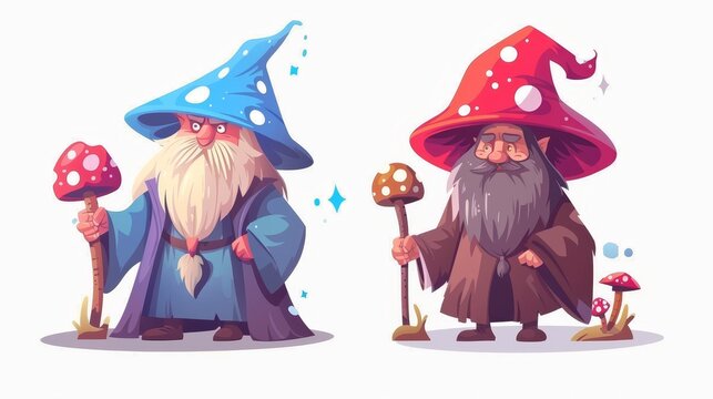 Magician with witchcraft powers - cartoon of two magicians. Old man with gray beard in long mantle with magic wand, and woodland warlock with red hair and mushrooms on hat.