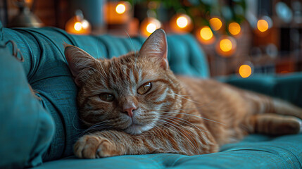 A cute cat lazily lies on the sofa