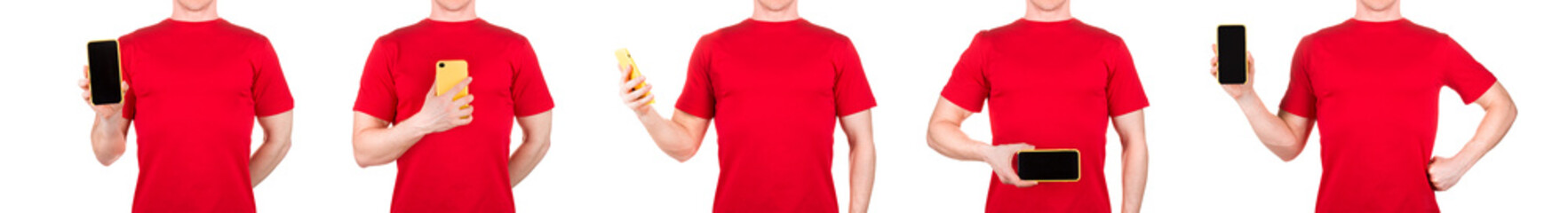Man in red t-shirt holding mobile phone on his palm isolated white background
