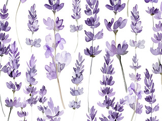 Watercolor lavender flower pattern on white background, perfect for fabric. illustration of delicate blooms. Ideal for swatches.
