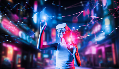 Female stand in cyberpunk style building in meta wear VR headset connect metaverse, future...