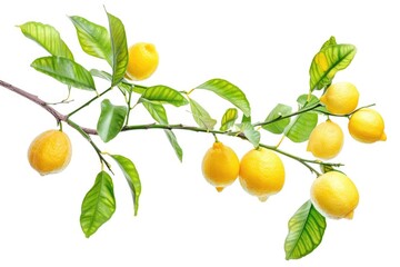 Fruit Branch. Citrous Lemons with Leaves on Bright White Background