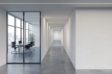 Obraz premium Modern office corridor or hallway interior with empty space over the white wall and the meeting room