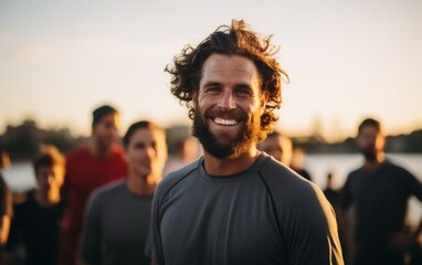 A man with a beard and a smile is standing in front of a group of people. Scene is cheerful and friendly