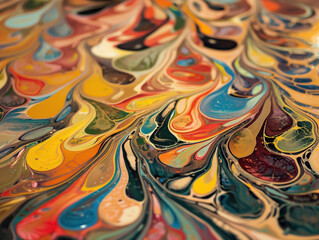 art using earth tone colors. It involves painting on water and transferring the design to paper, creating unique patterns like marbling.