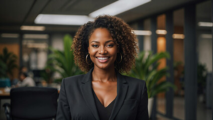 Bella donna di origini africane con capelli ricci sorride in un moderno ufficio con abito elegante