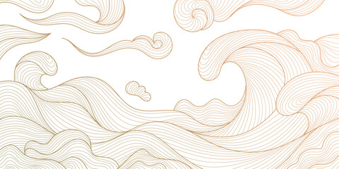 Vector line wave japanese pattern, sea texture illustration. Vintage asian background, water ocean wallpaper. Nature oriental ornament, gold on white hand drawn poster.