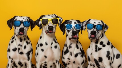 Obraz premium Cool Dalmatian Dogs with Sunglasses Against Yellow Background, Fun Pet Portrait