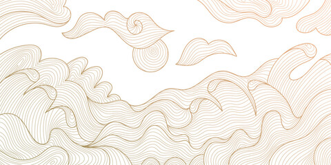 Vector line wave japanese pattern, sea texture illustration. Vintage asian background, water ocean wallpaper. Nature oriental ornament, gold on white hand drawn poster.