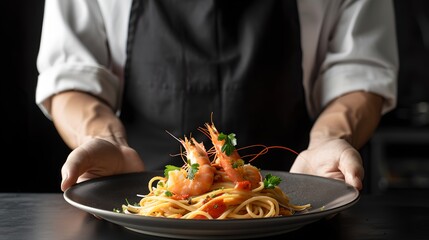 Chef presenting a gourmet shrimp pasta dish in a dimly lit restaurant. Culinary art and fine dining, Italian cuisine. Delight for the senses. AI