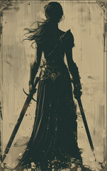 A silhouette of a female warrior holding two swords representing strength, determination of a mother. Rendered in a dramatic, high-contrast graphic novel or comic book art style in black and off-white