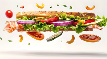 Deconstructed sandwich with floating ingredients. Fresh, healthy eating concept with dynamic composition. Levitating food for creative projects. AI