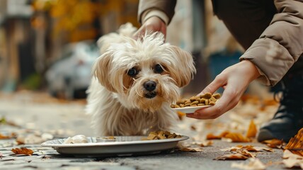 Dog owner's hands pour food from a bag onto a plate for a Shih Tzu.
