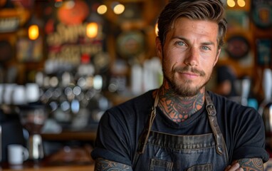 Fototapeta premium A man with a beard and tattoos stands in front of a counter with a smile on his face