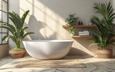 Fototapeta premium A bathroom with a large white bathtub and a shelf with potted plants. The bathroom has a modern and clean look