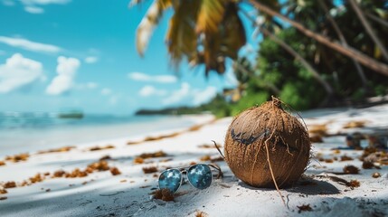 Fototapeta premium Stock photo of closed coconut with sunglasses UHD wallpaper