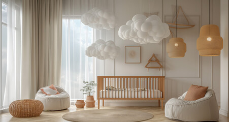 Interior of a nursery designed with natural elements and materials like wood, cotton and woven grass. Earthy color palette with emphasis on white, beige and light brown. Cloud decor. Roomy