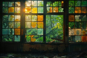 Outdoor photo of a room covered with broken stained glass in the forest among abandoned greenery, the forest is visible through the windows