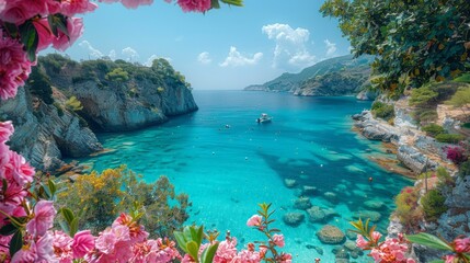 Naklejka premium Bright spring view of the Cameo Island. Picturesque morning scene on the Port Sostis,