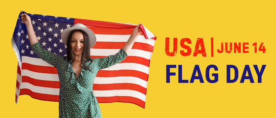 Young woman with USA flag on yellow background