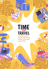 Naklejka premium Time to travel vector flat poster, travel bag, luggage, map and beach accessories on the background of tropical leaves