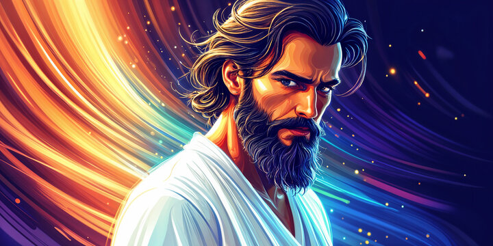 A man with a beard and long hair, wearing a white robe, set against a vibrant background of swirling colors.