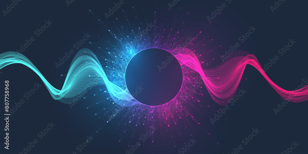 Fototapete Scientific illustration quantum computer technology. Plexus fiction effect. Deep learning artificial intelligence. Big data algorithms visualization. Quantum explosion background.