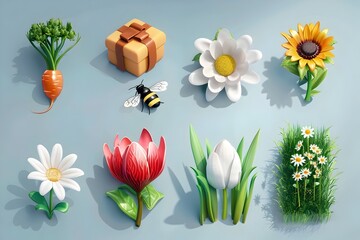 Obraz premium Spring 3D Rendering Cartoon Icon Set with Ladybug Gift Box Bee Carrot Magnolia Flower Green Grass