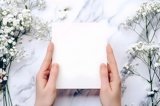 Minimal Blank Wedding Invitation Card on Marble Texture Background