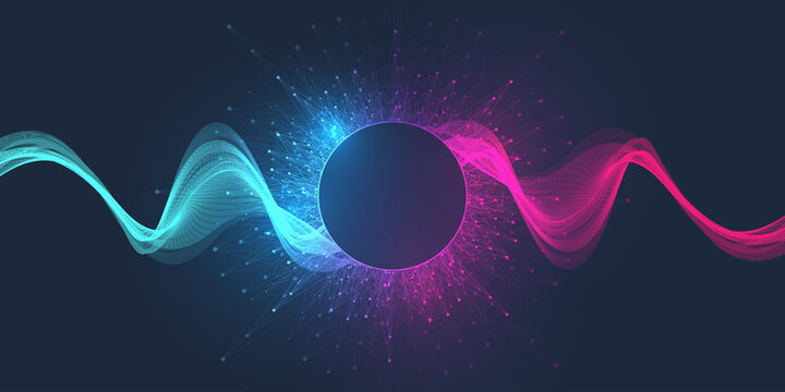 Scientific illustration quantum computer technology. Plexus fiction effect. Deep learning artificial intelligence. Big data algorithms visualization. Quantum explosion background.