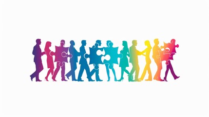 Colorful puzzle pieces form the silhouette of diverse business people