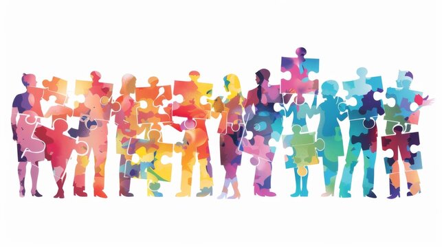 Colorful puzzle pieces form the silhouette of diverse business people