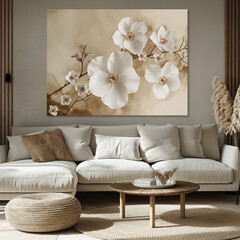 The watercolor painting of the white flower with mockup in the living room, generative AI.