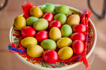 a plate of colored Easter eggs.