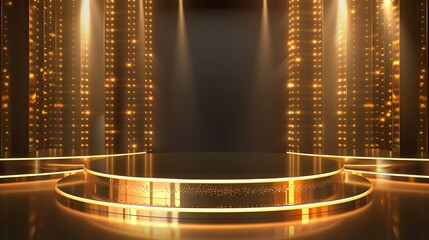 Podium with golden light lamps background