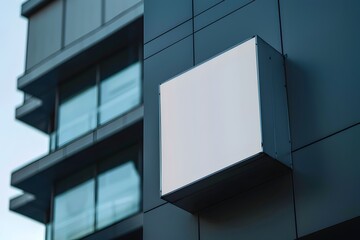 Minimalist square sign board logo mockup on top of a contemporary building facade