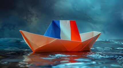 Fototapeta premium Paper boat with flag of France shipping on financial news