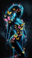 Silhouette of a girl and butterflies around
