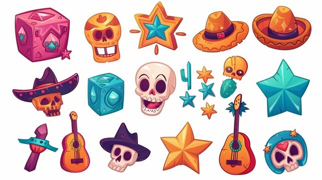 This cartoon modern illustration set of Cinco de Mayo stickers contains traditional Mexican carnival and holiday festival elements - a cube-shaped pinata, a star and skull, a sombrero hat and a