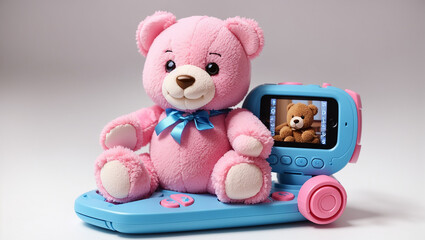 A pink teddy bear with a blue and pink toy video camera attached to its belly is sitting on a table...